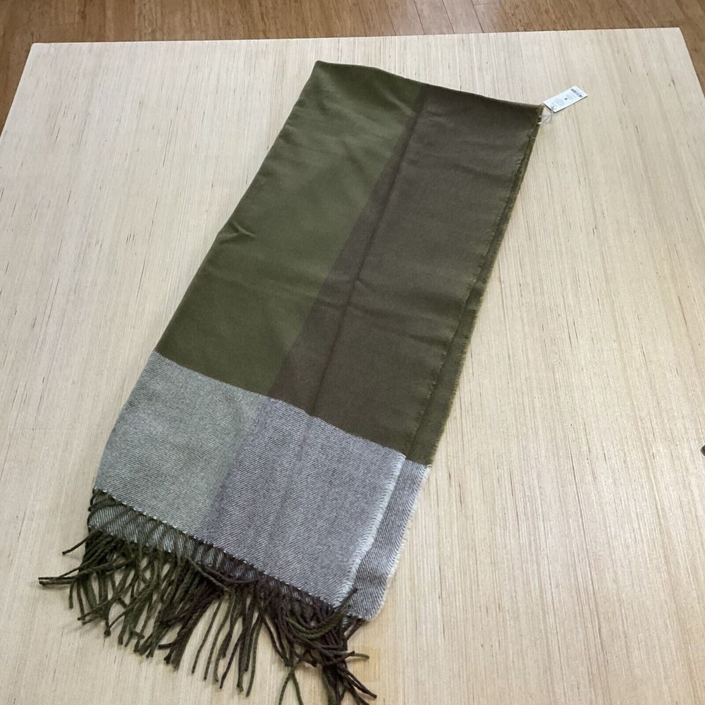 New Harve Benard Woven Shawl Wrap Scarf Color Block Olive Green Fringe One Size